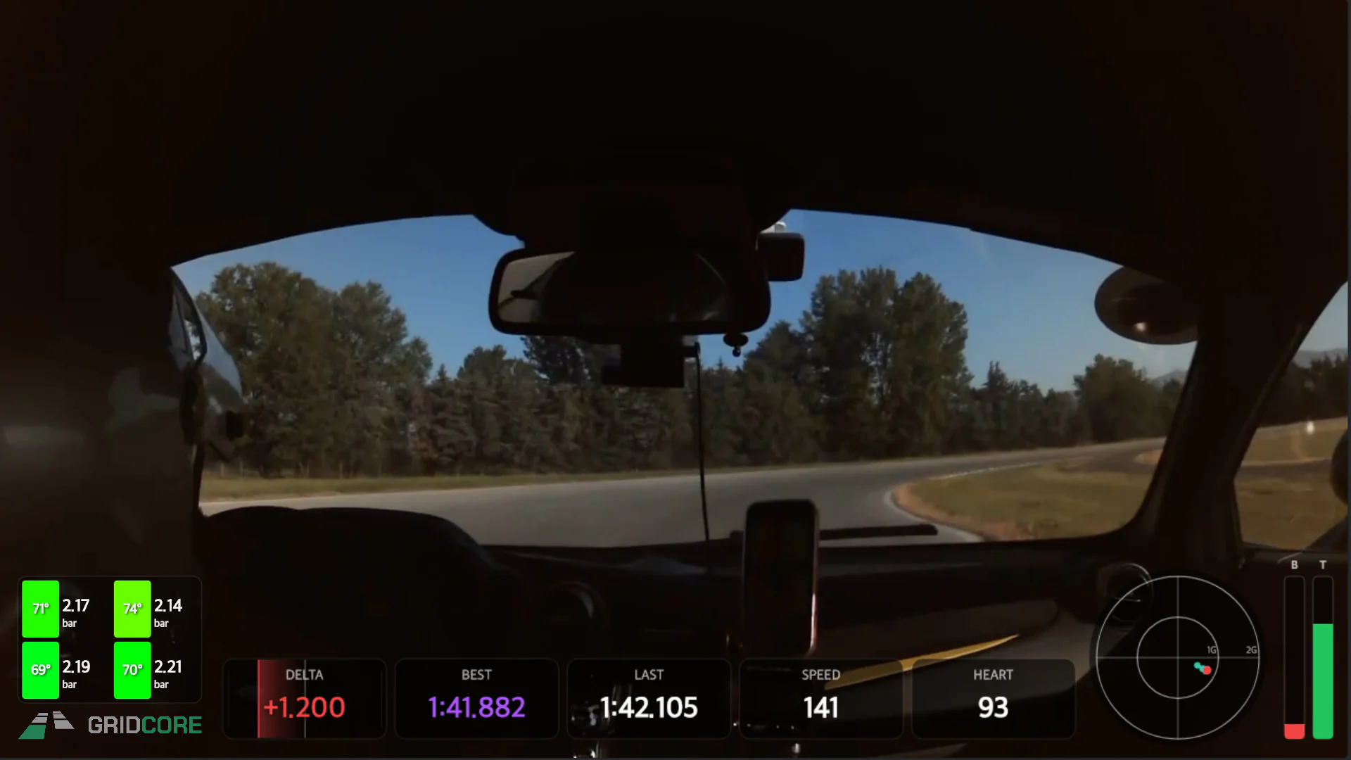 Interior driving video with classic GridCore telemetry overlay